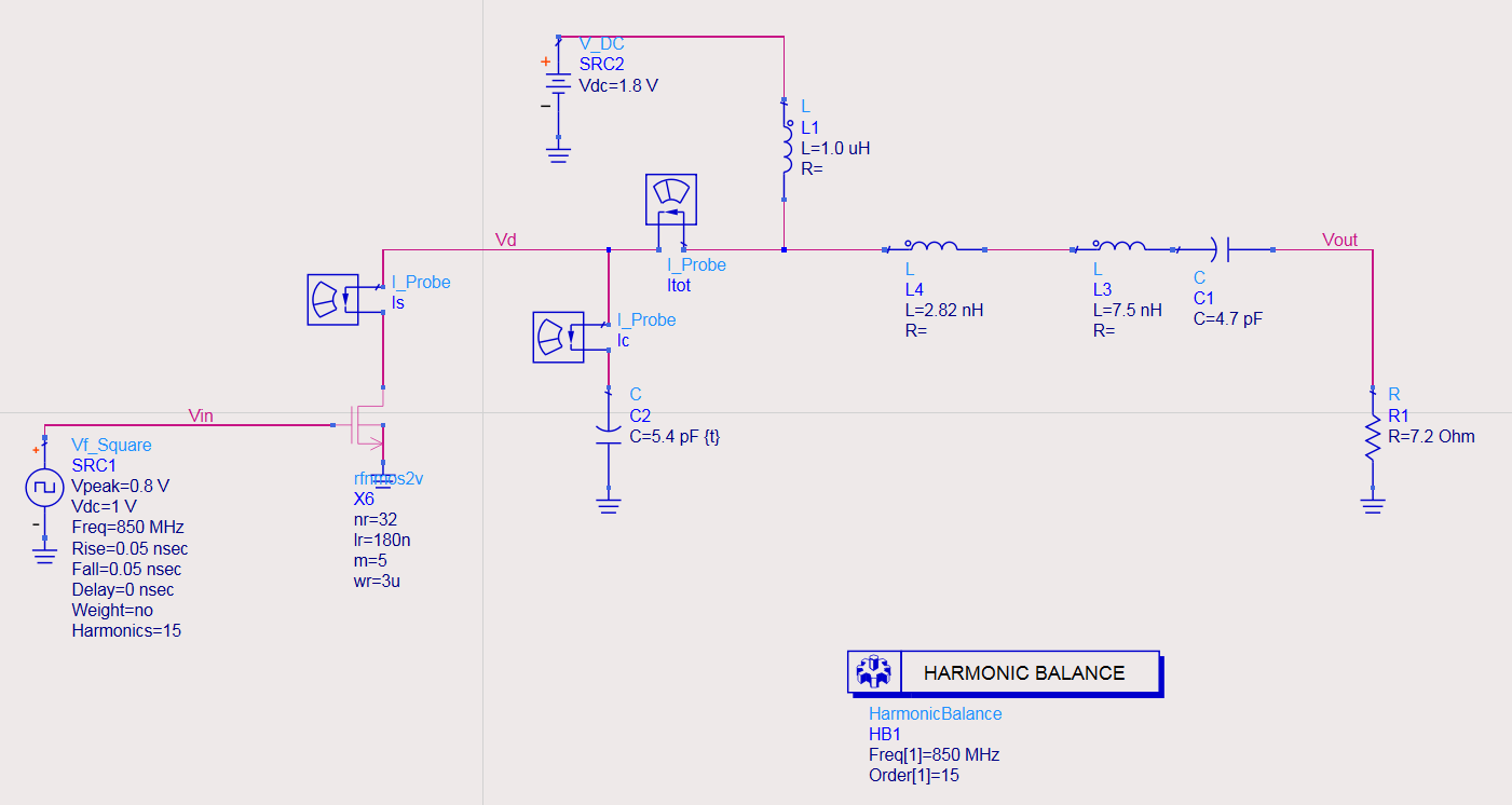 Schematic of a real class E PA in 180nm CMOS